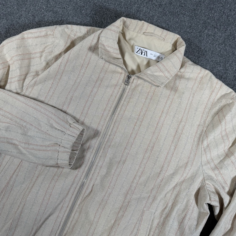 Zara Bomber Jacket Mens Large Beige‎ Pinstripe Full Zip